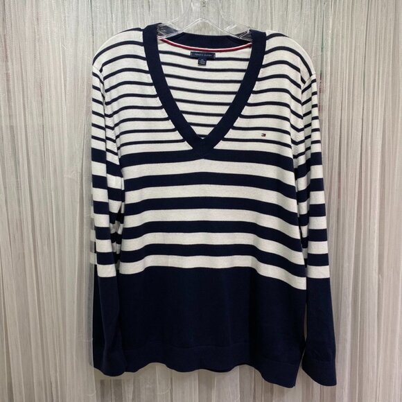 Tommy Hilfiger XXL Navy and White Striped Lightweight Cotton Sweater Preppy - Picture 1 of 14